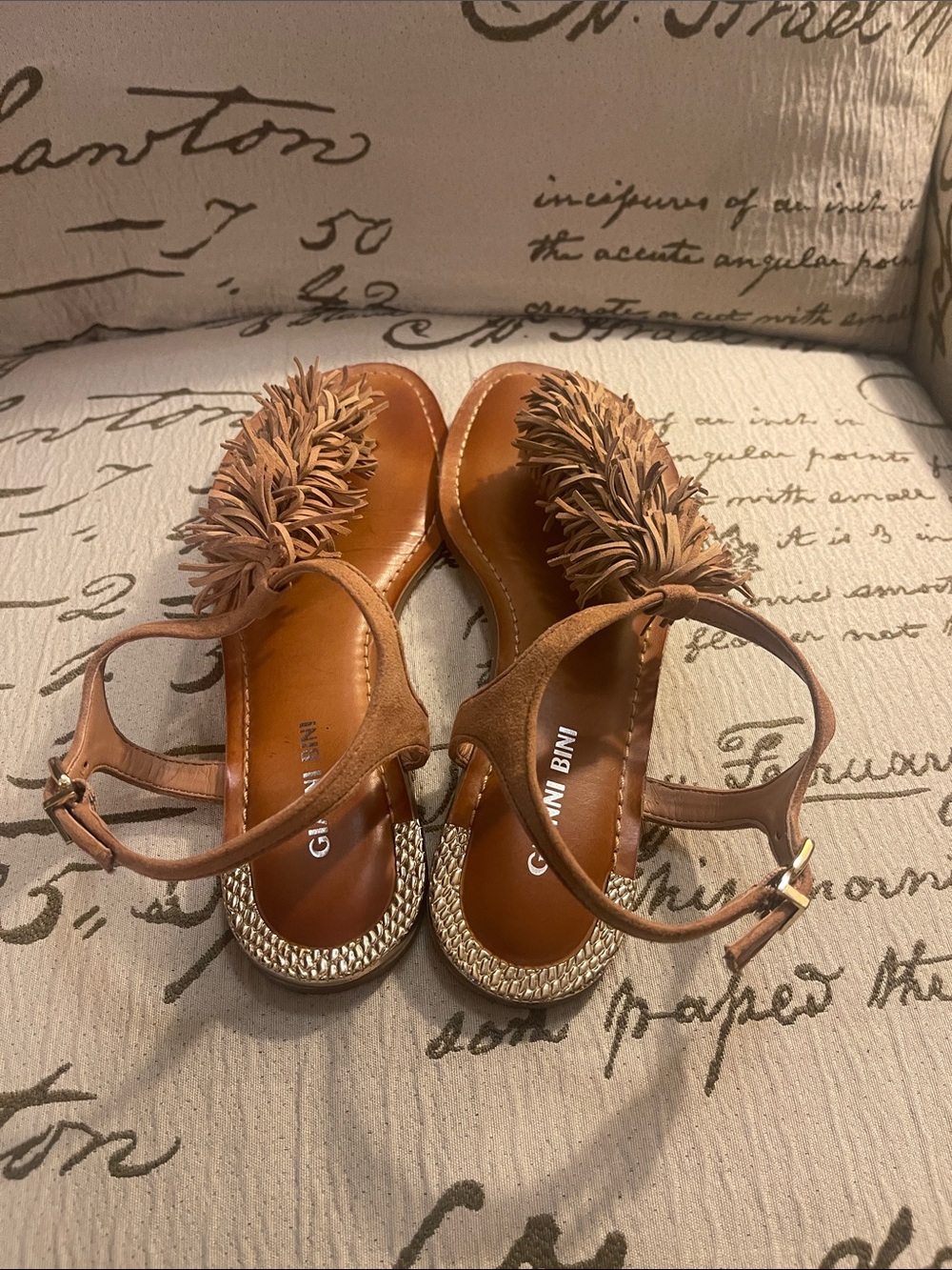 Gianni Bini Tan Fringe T-Strap Sandals with Gold Heel Detail - Picture 3 of 7